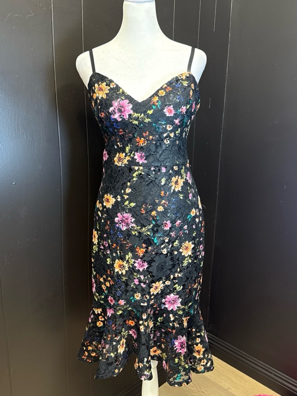 Guess Floral Lace Mermaid Midi Dress Black Cottagecore Coquette Y2K